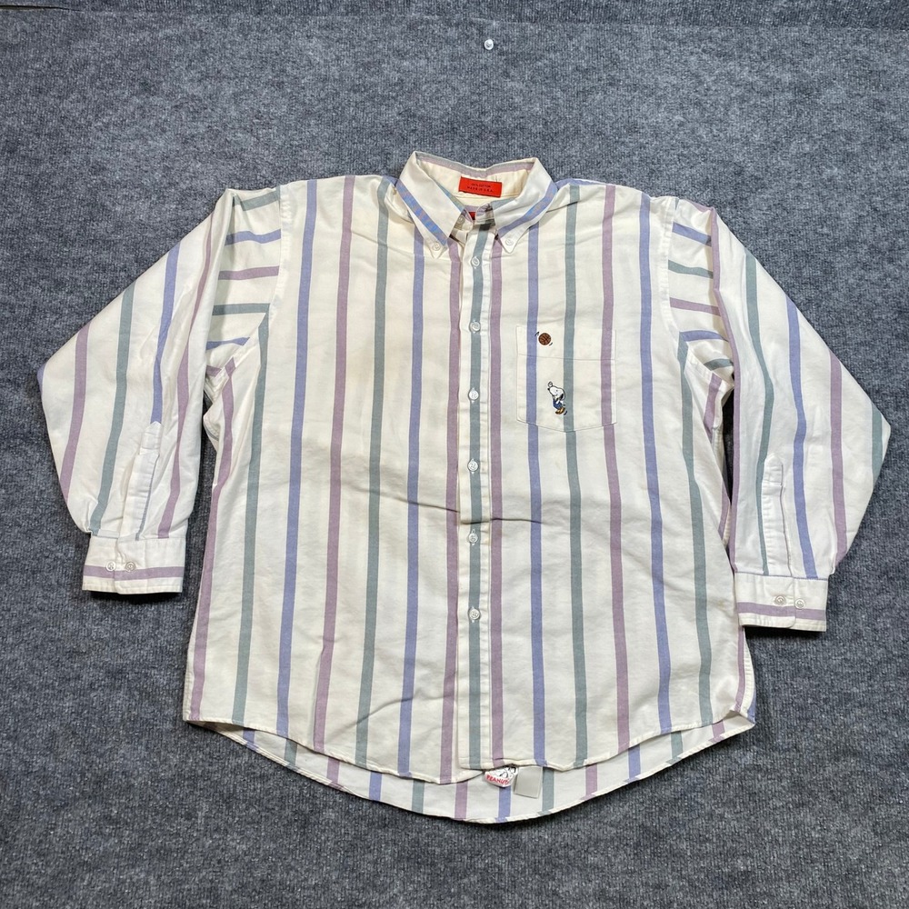 Vintage Peanuts Snoopy Basketball Striped Oxford Shirt Mens XL Made in USA